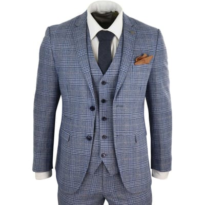 Heren 3-delige Blauw Grijze Tweed Check Vintage Retro Pak