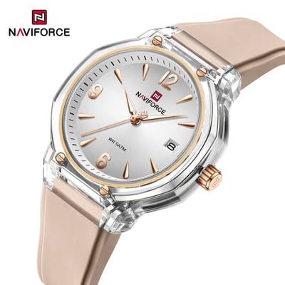 NAVIFORCE horloge met camelroze gefumeerde siliconen polsband, transparante horlogekast en zilveren wijzerplaat voor dames met stijl ( Model 6110 SCP )