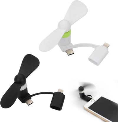 2-in-1 Telefoonventilator - 2 Stuks - Mini Ventilator Set voor Smartphone -Handventilator - Draagbare Waaier Handwaaier - Hand Fan Draadloos - Geluidloos Ventilator - Geschikt voor iPhone-telefoons/ type C - Zwart+Wit