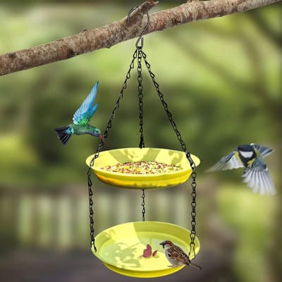 Vogelbad met metalen haak - eenvoudig op te hangen met ketting - tuindecoratie - vogelvoeder voor buiten - kolibrievoeder voor op het terras - 22*22*3 cm - decoratie voor tuin, terras of gazon om vogels te voeren - geel