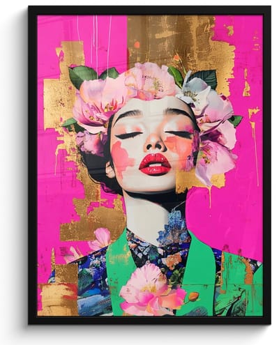 Poster in lijst - Fotolijst 50x70 cm - Posters - Bloemenkroon - Goud - Vrouw - Portret - Posterlijst zwart - Decoratie - Wanddecoratie woonkamer - Muurdecoratie slaapkamer