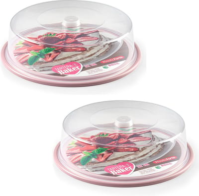 PlasticForte Taart bewaardoos - 2x - rond - gebak plateau - roze bodem - D32 x H9,5 cm