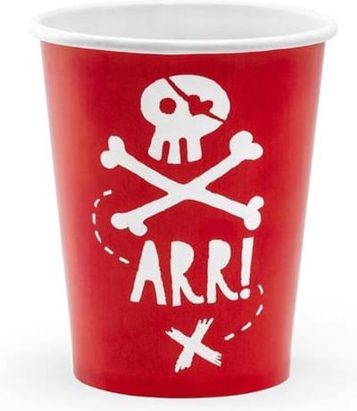 Kartonnen drink bekers Pirates Party, rood, 220ml - Party Deco - 6 stuks - piraten kinderfeestje feestartikel
