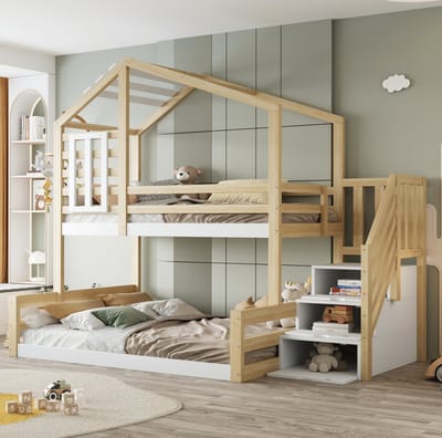 MEUNIQ stapelbed met huisframe en raam, 90x200 cm boven en 140x200 cm onder, met opbergtrap en rondom hekwerk, kinderbed voor kinderkamer, naturel