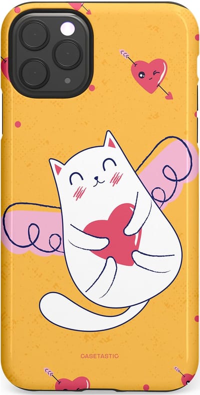 Casetastic Hoesje Geschikt voor Apple iPhone 11 Pro Max - Stijlvolle Beschermende Duo-layer Case - Kattenflirt Geel Rode Hartjes Liefde
