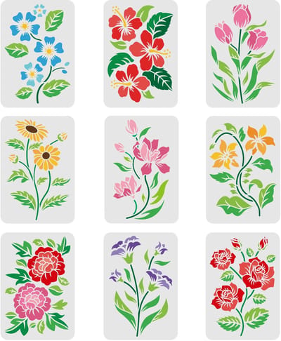 Solidchoice - Dailygoody - Bloemensjablonen - Herbruikbare sjablonen - Creatief schilderen - 29,7 x 21 cm - DIY sjablonen - Geschikt voor kunstnijverheid - 9 sjablo