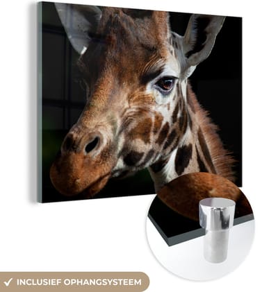 MuchoWow® Glasschilderij 160x120 cm - Schilderij acrylglas - Giraffe - Licht - Zwart - Foto op glas - Schilderijen