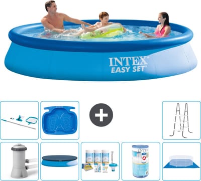 Intex Rond Opblaasbaar Easy Set Zwembad - 366 x 76 cm - Blauw - Inclusief Pomp - Afdekzeil - Onderhoudspakket - Filter - Grondzeil - Schoonmaakset - Ladder - Voetenbad - 9-delig