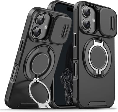 Hoesje Geschikt voor iPhone 16 Plus hoesje Zwart backcover met Met Draaibare Ring Houder en camera bescherming