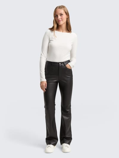 Tom Tailor Denim - Flared broek in leerlook - Maat XL - deep black