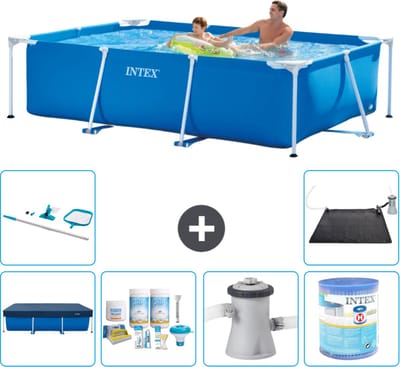Intex Rechthoekig Frame Zwembad - 260 x 160 x 65 cm - Blauw - Inclusief Afdekzeil - Onderhoudspakket - Zwembadfilterpomp - Filter - Schoonmaakset - Solar Mat - 7-delig