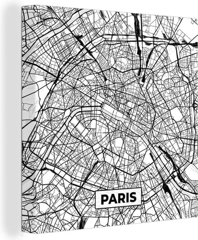 Canvas Schilderij Parijs - Frankrijk - Plattegrond - Paris - Stadskaart - Kaart - Zwart wit - 20x20 cm - Wanddecoratie