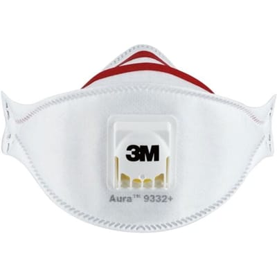3M wegwerpmasker AURA™ COOL FLOW™ 9332+, filterklasse FFP3, met ventiel, 3-delig, opvouwbaar, wit, verpakking van 2 stuks