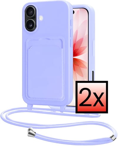 Hoes Geschikt voor iPhone 17 Hoesje Pasjeshouder Cover Met Koord Case Siliconen Hoes Met Telefoonkoord en Kaarthouder - Lila - 2 PACK
