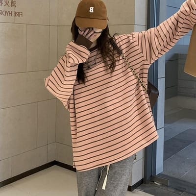 T-shirt rose rayé à manches longues pour femmes ample vêtement d'intérieur automne nouveau fin col rond sweat-shirt pour étudiantes 2XL rose