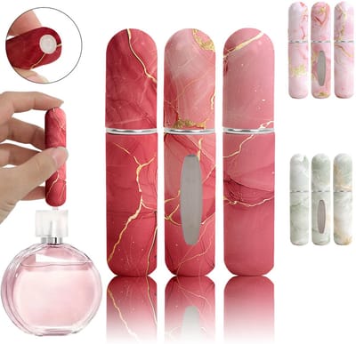 Navulbare parfumflesjes voor op reis – Draagbare miniverstuiver, lege parfumflesjes met unieke patronen, navulpomphouder voor op reis en onderweg, verpakking van 3 stuks van 5 ml (Roze + Rood + Groen)