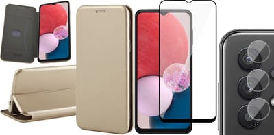 Hoesje geschikt voor Samsung Galaxy A13 4G - Book Case Kunstlederen Wallet Cover Minimalistisch Pasjeshouder Hoes Goud - Full Tempered Glass Screenprotector - Camera Lens Protector