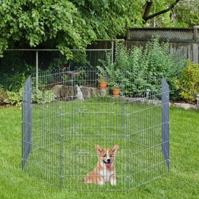 HAUSS SPOLE Puppyren - 8-Delig Met Afsluitbare Deur - 63 x 91 cm - Staal - Zilver - Voor Buiten Gebruik Met Grondankers