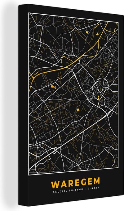 Canvas Schilderij Goud - Kaart - Plattegrond - Waregem - Stadskaart - 20x30 cm - Wanddecoratie
