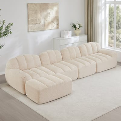 4-zits L-vormige modulaire sofa zonder frame – schelpvormig – diepe zittingen – inclusief 1 voetenbankje, woonkamersofa – kant-en-klaar – beige