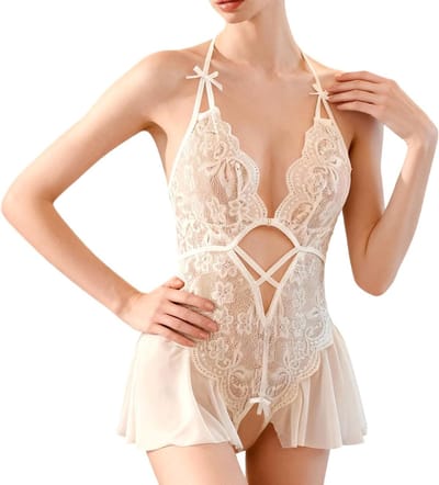 Verleidelijke kanten babydoll body voor dames met diepe V-hals, doorschijnend en verstelbaar, perfect als sexy lingerie of romantisch cadeau