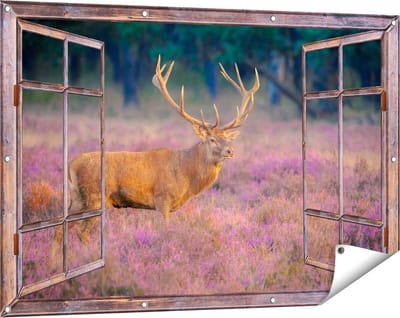Gards Tuinposter Doorkijk Hert in de Weide tijdens Zonsondergang - 120x80 cm - Tuindoek - Tuindecoratie - Wanddecoratie buiten - Tuinschilderij