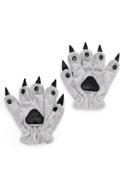 KIMU® Klauwen Handschoenen Lichtgrijs - Pluche Handschoen Nagels Dier - Monster Kat Beer Cosplay Furry Paws Dierenpoot Dames Heren Halloween Festival