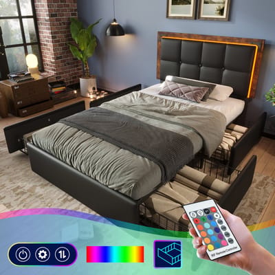 Bedframe met LED-verlichting en 4 lades, eenpersoons gestoffeerd bed 90x200cm, in hoogte verstelbaar hoofdeinde, functioneel bed, PU zwart (exclusief matras)