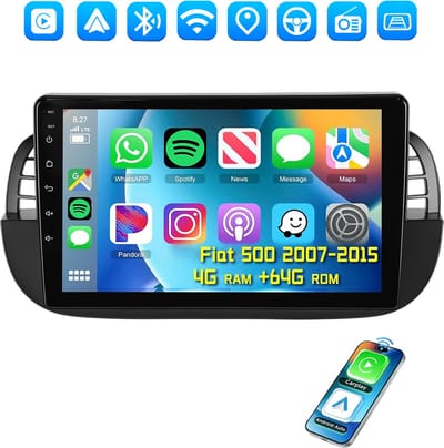 ESSGOO Autoradio voor Fiat 500 2007-2015 - Android 15 - Apple Carplay & Android Auto (Draadloos) - 4+64GB - 9" HD IPS Touchscreen - GPS, WIFi, Bluetooth, USB, SWC - Zwart