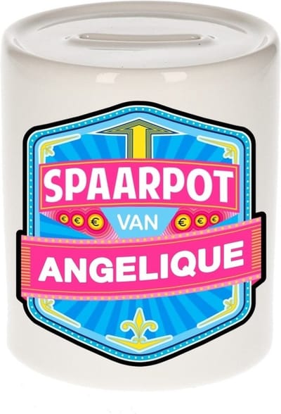 Bellatio Decorations Kinder spaarpot met naam - Angelique - keramiek - met dop - wit - Sparen - Spaargeld van Angelique