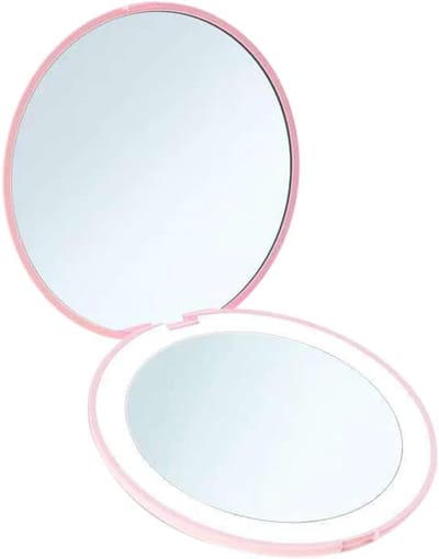 longziming -Mini LED Make-up Spiegel met Licht – Draagbare Dubbelszijdige Spiegel met 1x & 10x Vergroting – Opvouwbare Ronde Zakspiegel met Verlichting – Compact & Handig voor Reizen – Roze