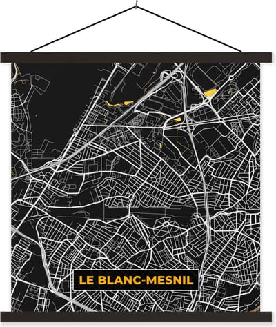 Posterhanger incl. Poster 60x60 cm - Schoolplaat - Le blanc-Mesnil – Plattegrond – Frankrijk – Kaart – Stadskaart - Textielposter - Zwarte latten - Stadskaart