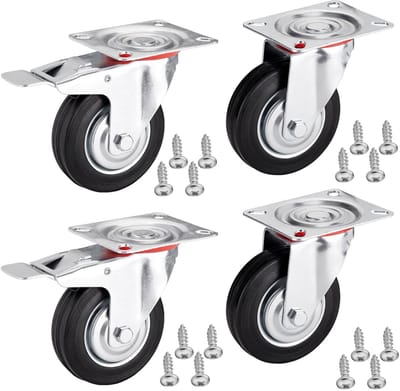 Set van 4 JUNKER meuberwiel Ø 100 mm (Lenkrollen, 2 wielen met vastzetter) Hoogte 127 mm, Montageplaat 100 x 82 mm Draagvermogen tot 360 Kg
