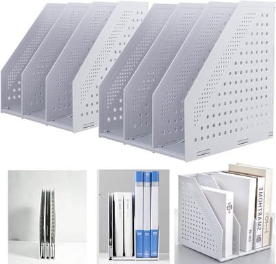 Vouwbare Tijdschrift Houder voor Bureau - Boek Organizer en Document Rack met 3 Compartimenten voor Kantoor en School (Lichtgrijs, 2 Stuks)