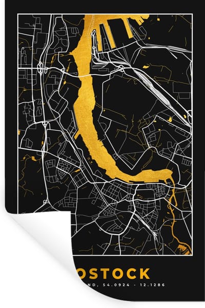 Muurstickers - Sticker Folie - Rostock - Stadskaart - Plattegrond - Goud - Kaart - Duitsland - 20x30 cm - Plakfolie - Muurstickers Kinderkamer - Zelfklevend Behang - Zelfklevend behangpapier - Stickerfolie