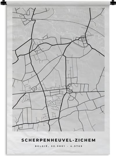 Wandkleed - Wanddoek - Kaart – Plattegrond – Stadskaart – Scherpenheuvel Zichem – België – Zwart Wit - 120x180 cm - Wandtapijt