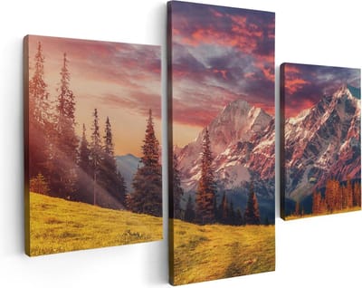Artaza Canvas Schilderij Drieluik Alpen Landschap Met Een Kleurrijke Hemel - 90x60 - Foto Op Canvas - Canvas Print