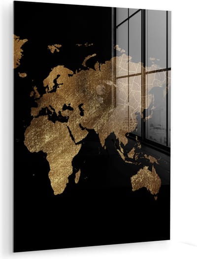 ® Glasschilderij 120x160 cm - Schilderij acrylglas - Wereldkaart - Goud - Luxe - Aarde - Zwart - Foto op glas - Muurdecoratie woonkamer - Wanddecoratie slaapkamer - Schilderijen