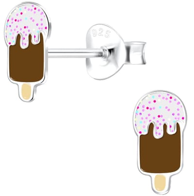 Joy|S - Zilveren ijsje oorbellen - 4 x 8 mm - chocolade met glitter dip - kinderoorbellen
