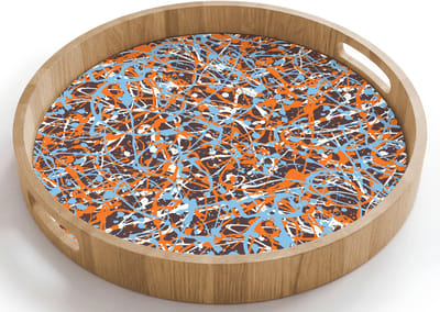 Dienblad rond 40x40 cm - Schootdienblad hout - Blauw - Waterverf - Chaos - Borrelplank rechthoek - Plateau houten dienbladen
