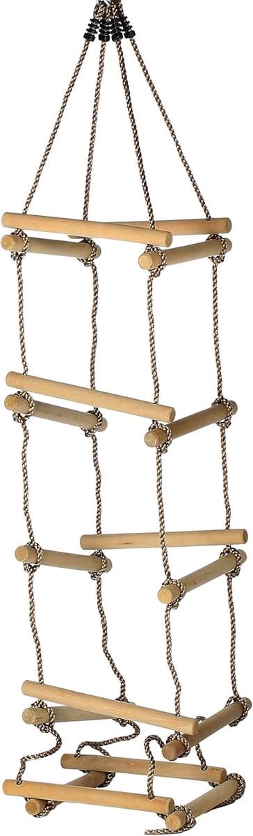 Kinder Touwladder - Klimtouw Vierzijdig - Buiten Spelen - 5 Houten Sporten - 245cm Hoog - Bruin
