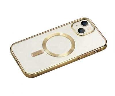 Transparant goudkleurig telefoon hoesje met metallic randen – geschikt voor iPhone 13 MagSafe – luxe backcover met MagSafe ring en camera bescherming