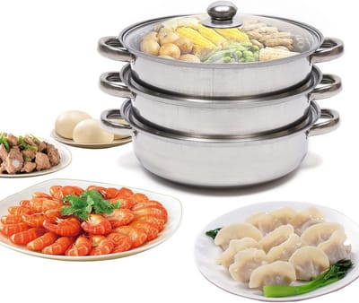 Drie-laags Stoompan - Kookpan Stomer - Gezond Koken - Roestvrij Staal - 28 cm - Zilverkleurig