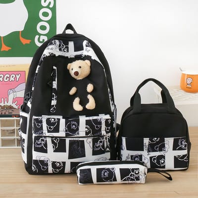 3-in-1 Schooltassenset/Rugzak voor Meisjes - Lunchtas (inclusief isolatielaag) - Pennenzak/Kerstverjaardag - Vakantiecadeau Wit/Zwart
