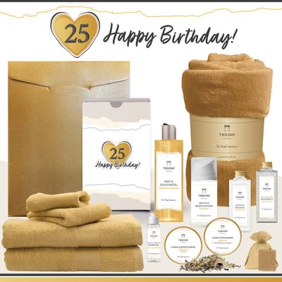 Geschenkset “25 Happy Birthday” - 13 producten - 1980 gram | Cadeau voor haar Vijfentwintig jaar - Cadeaupakket Feestje Wellness Pakket Douchegel Giftset Fleece deken Handdoeken Verjaardag Vrouw Gefeliciteerd Twenty five Luxe Gift Set Okergeel Goud