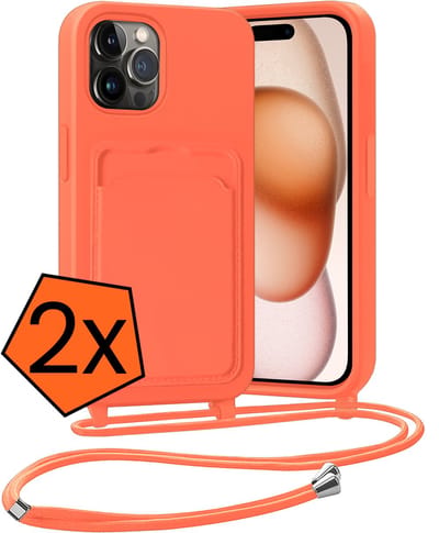 Hoesje Geschikt voor iPhone 14 Pro Max Hoesje Met Telefoonketting Pasjeshouder Case Koord - Hoesje Geschikt voor iPhone 14 Pro Max Hoes Met Kaarthouder - Papaya - 2 PACK