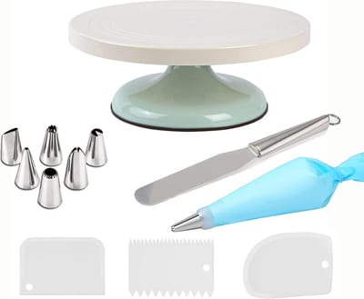 Cake Decorating Draaitafel Stand - Roterende Cake Plaat met 3 Crème Schraper Nozzles - Icing Spatel voor Bakken en Gebak - Cyaan
