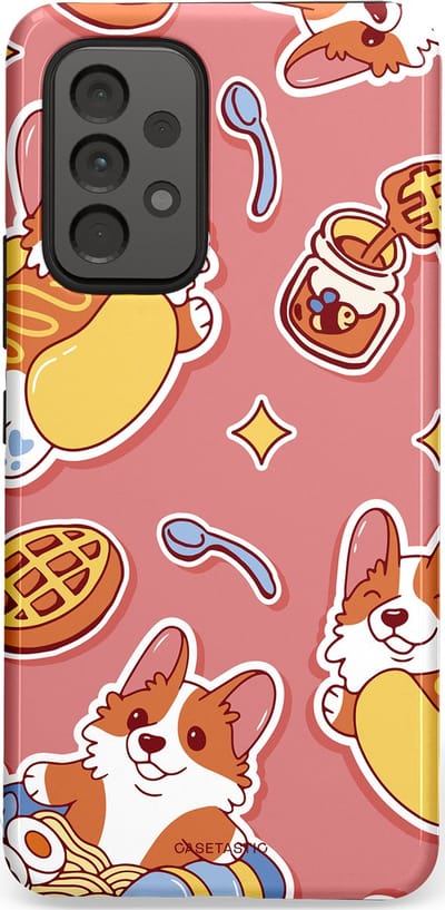 Casetastic Hoesje Geschikt voor Samsung A53 - Stijlvolle Beschermende Duo-layer Case - Corgi snacks