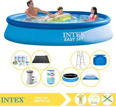 Intex Rond Opblaasbaar Easy Set Zwembad - 366 x 76 cm - Blauw - Inclusief Pomp - Solarzeil - Onderhoudspakket - Filter - Grondzeil - Solar Mat - Ladder - Voetenbad - 9-delig