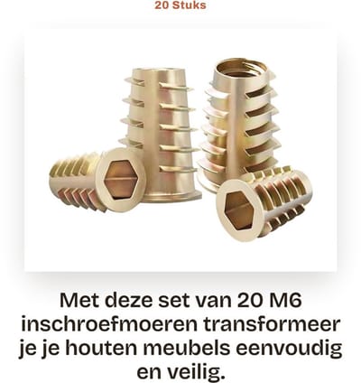 Dailygoods- Inschroefmoeren 20 Stuks - M6 x 18mm - Zinklegering - Schroefdraadmoeren - Schroefdraadinzetstukken - Corrosiebestendig - Schroefmoeren